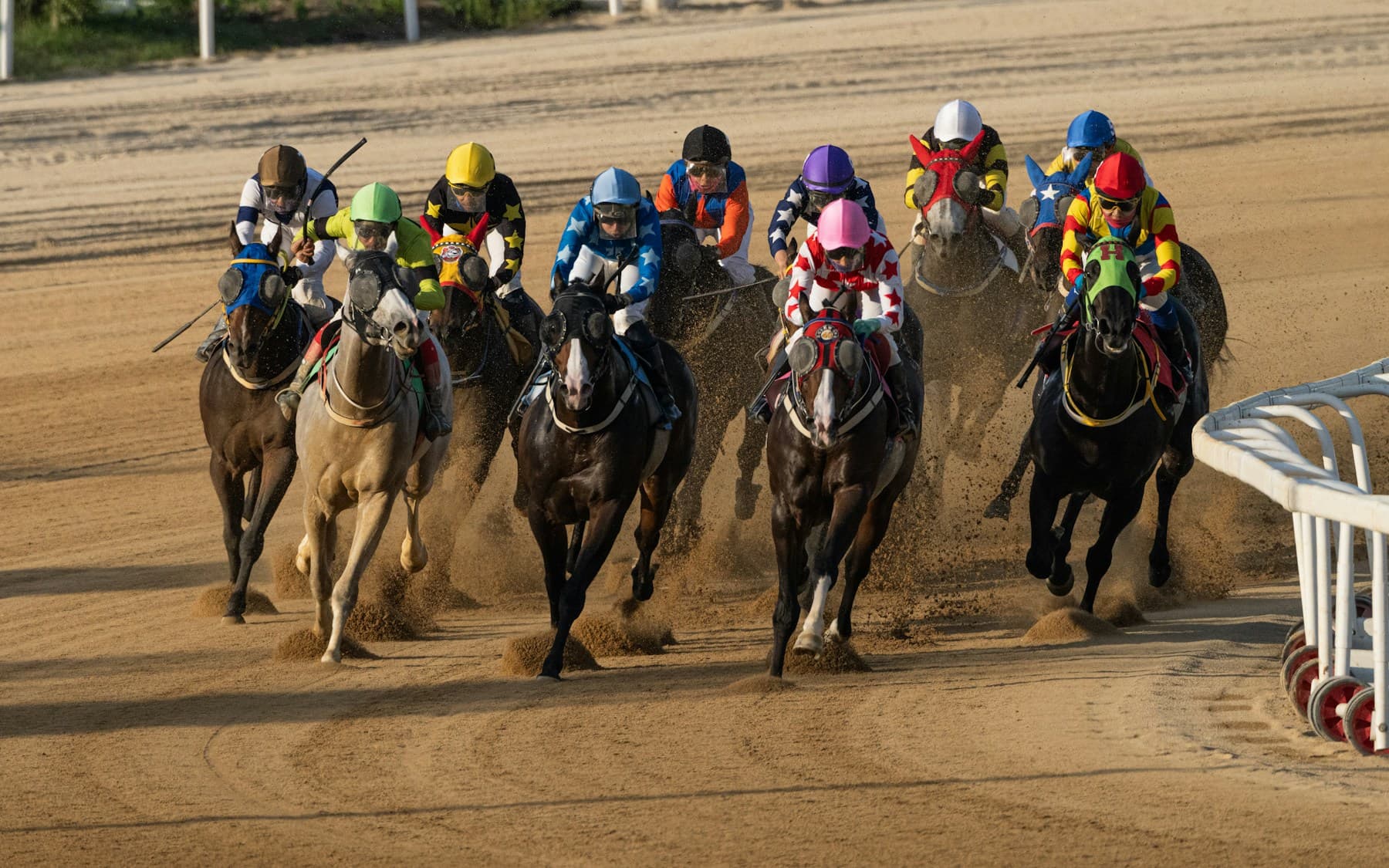 A tightly grouped field of racehorses navigating a dirt-track bend